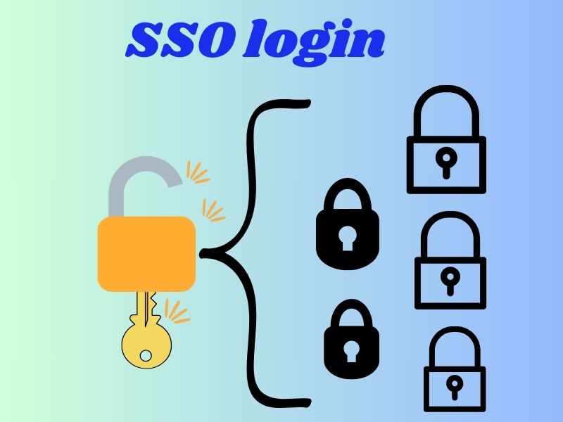 SSO login illustration made by prakaanth. single authentication is shown by multiple locks and a single key.